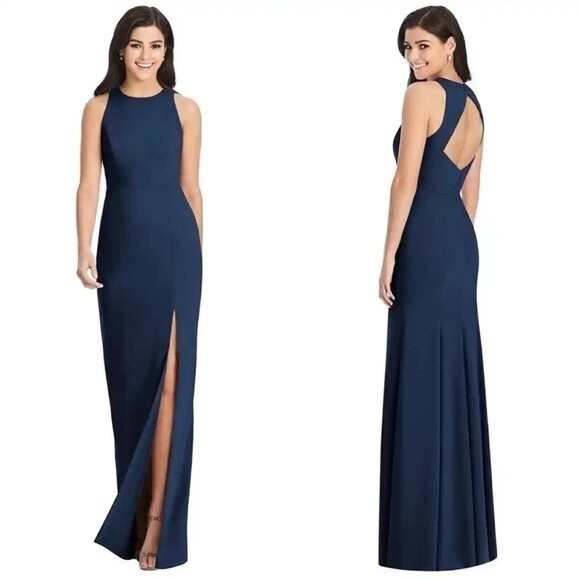 dessy collection crepe sleeveless maxi dress open back front slit midnight navy - Picture 1 of 10